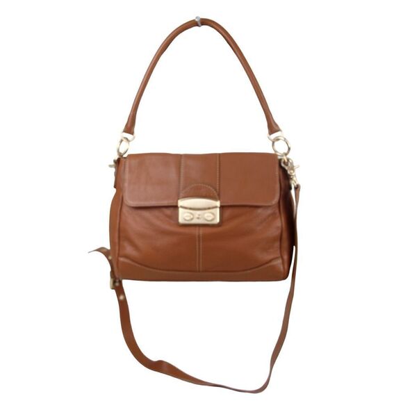 Nine West BROWN GENUINE LEATHER FLAP LOGO SHOULDER BAG HANDBAG HOBO PURSE - Picture 1 of 16